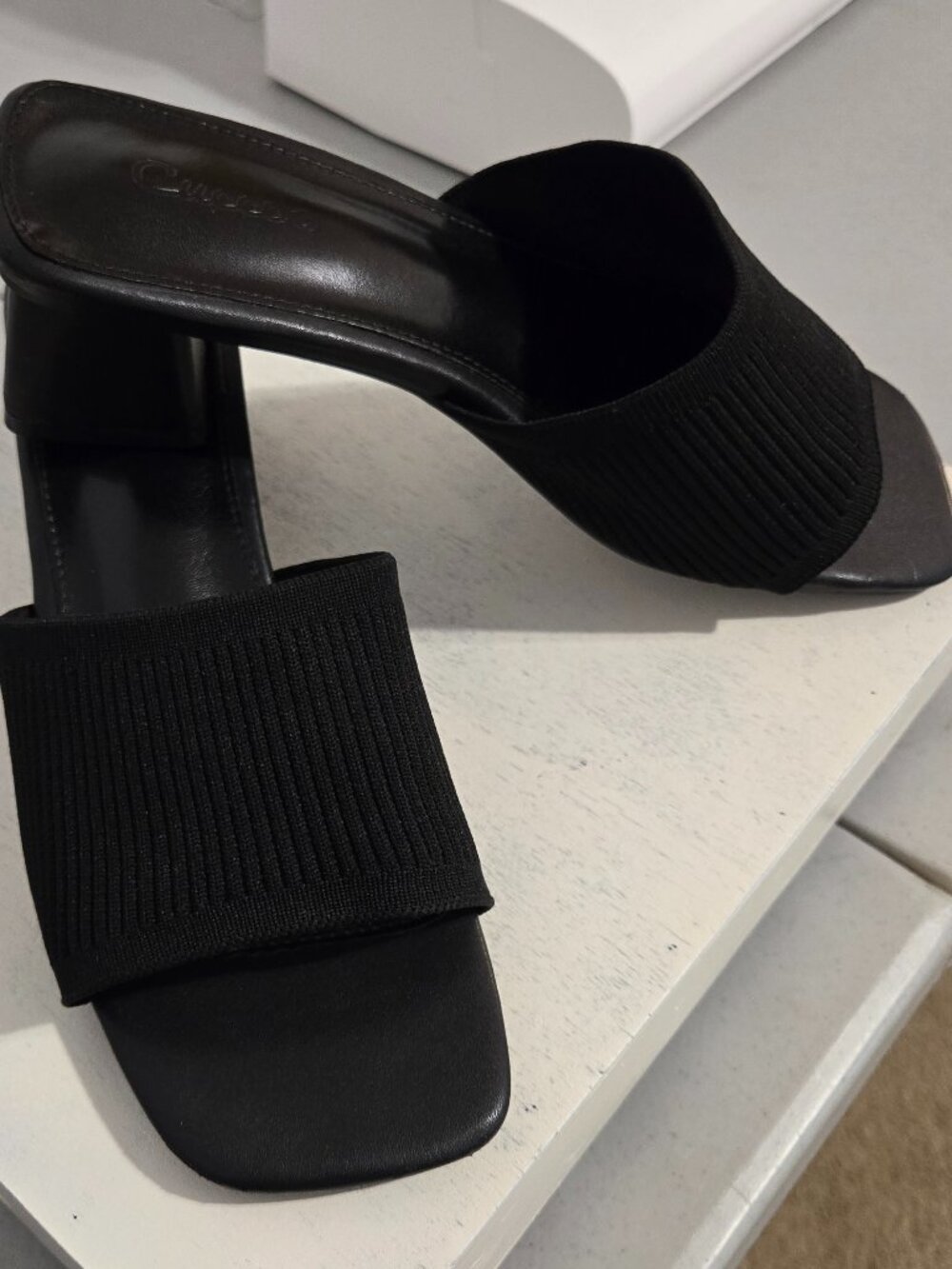 CUCCOO Black Ribbed Single Band Square Toe Heeled Mule Sandals sz 8.5 - 9 EU 39